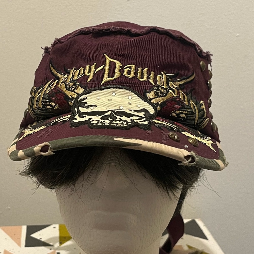 Vintage Harley-Davidson Purple Cap with Ties and Skull Logo